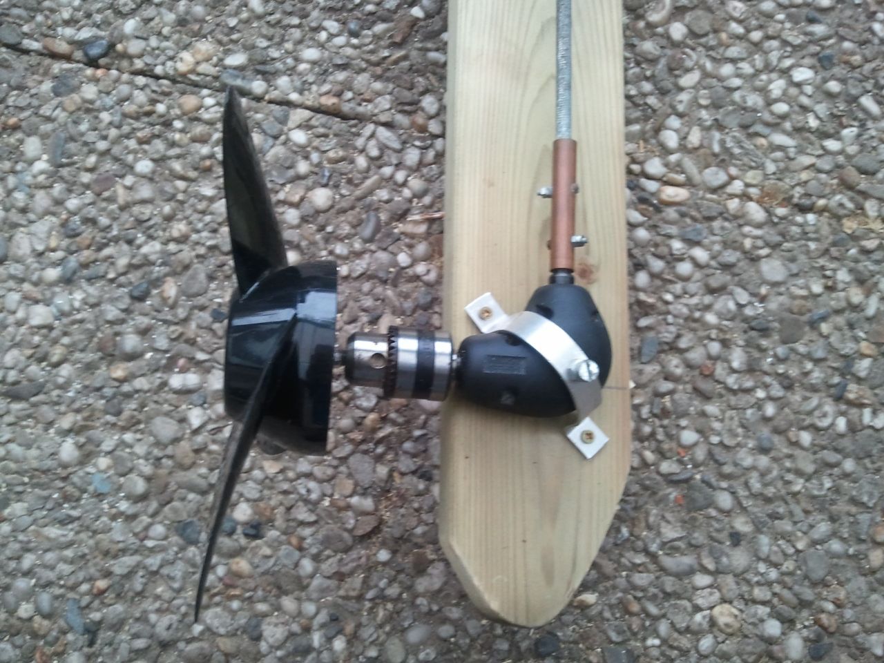 Wooden Outboard Motor Powered by a Cordless Drill